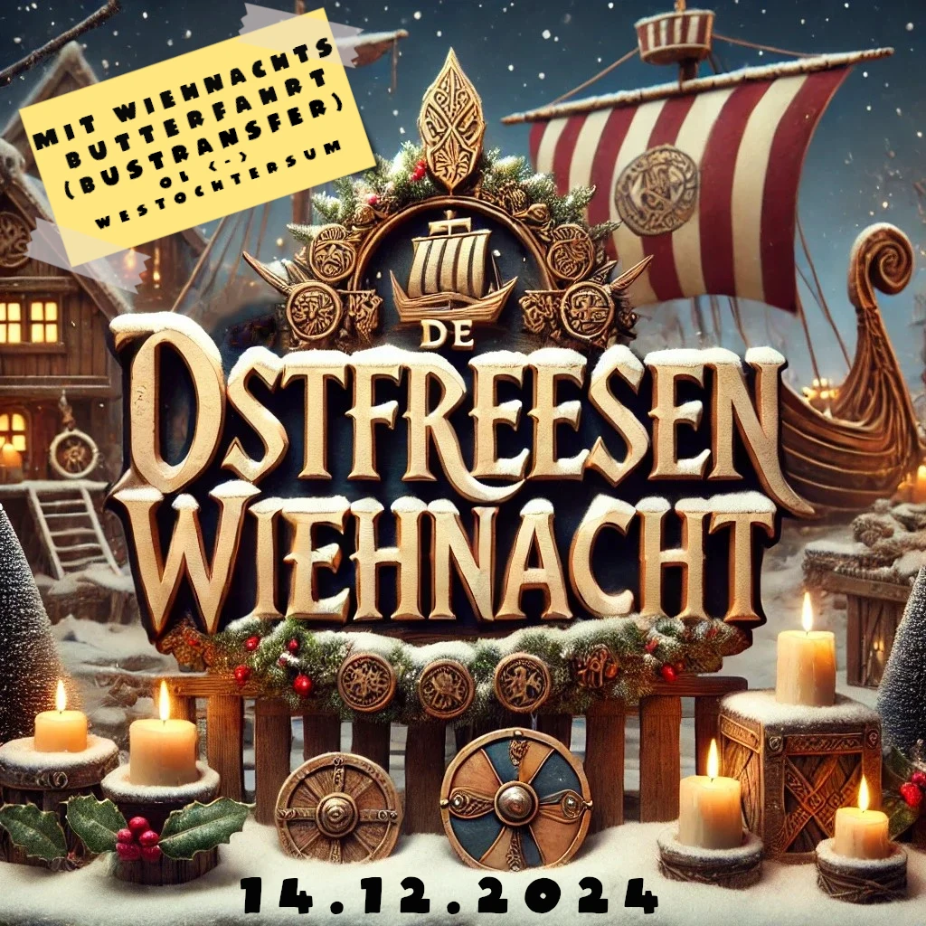 Plakat mit dem Titel der Veranstaltung mit einer weihnachtlichen Szenerie eines Wikingerhafens