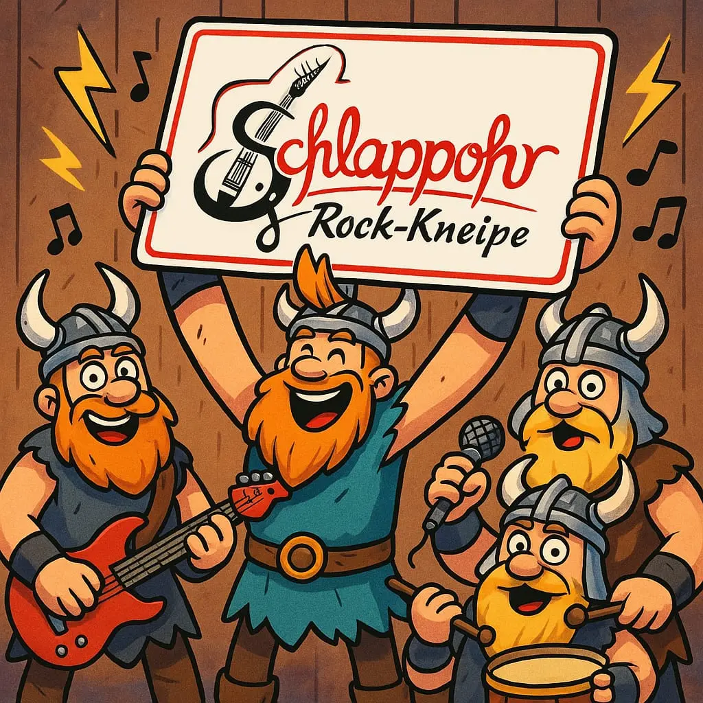 Bild mit einer Wikinger-Band im Comic-Stil, die ein Schild mit dem Namen der Rockkneipe Schlappohr hochhält